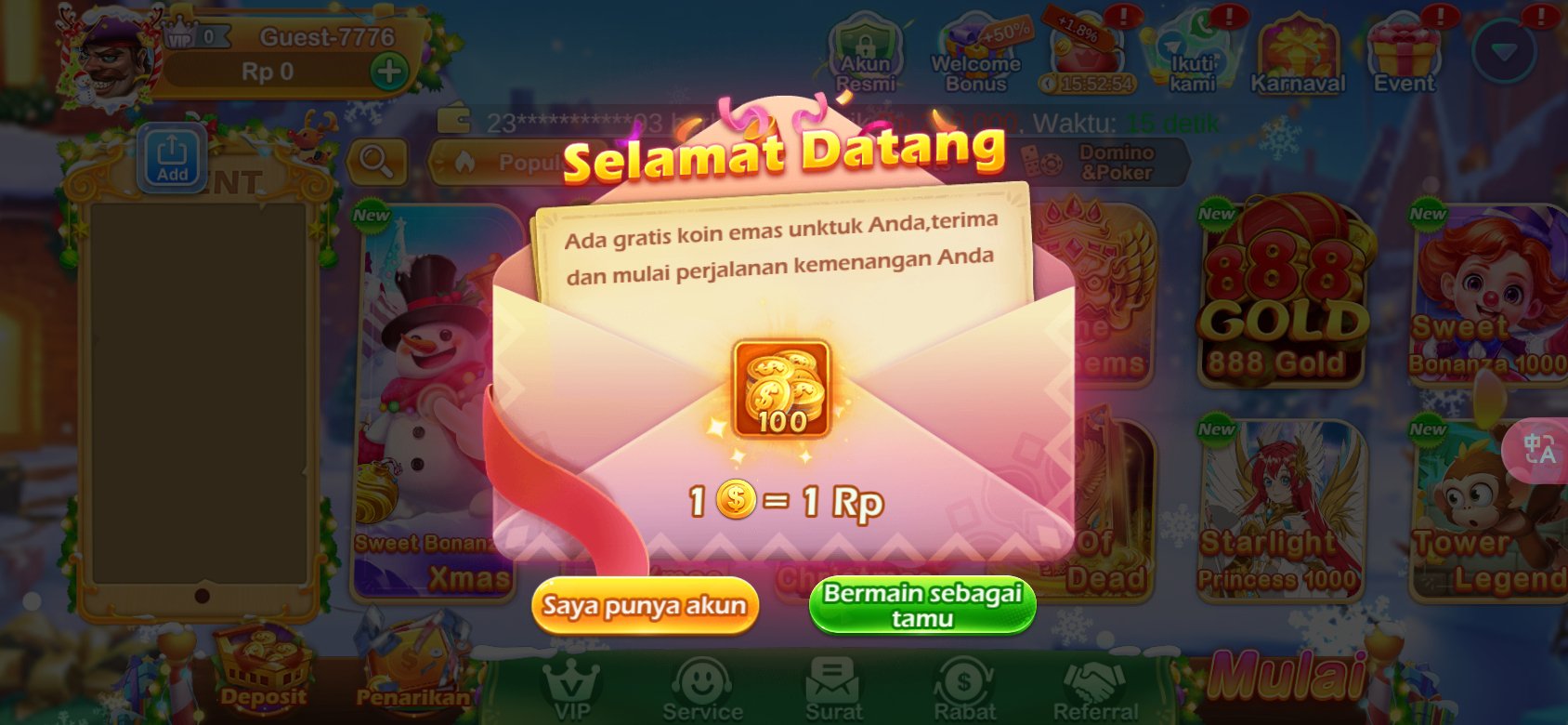 Selamat datang di at777 Slot Online! Dapatkan 100 koin emas gratis (1 koin = 1 Rp) untuk pengguna baru. Anda dapat langsung bermain sebagai tamu atau login dengan akun Anda.