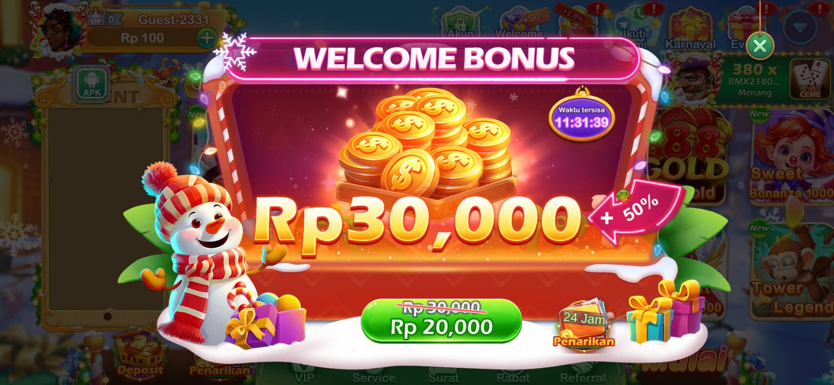 WELCOME BONUS di at777 Slot Online: Dapatkan bonus Rp30,000 dengan tambahan +50%. Terdapat coretan harga normal ~Rp 30,000~ dan harga spesial Rp 20,000. Waktu tersisa untuk klaim bonus adalah 11:31:39. Terdapat keterangan 24 Jam Penarikan.